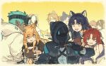  +_+ 1other 3girls 6+boys :q ahoge ambiguous_gender animal_ears arknights black_gloves black_hair black_shirt blue_hair brown_hair brown_jacket ceobe_(arknights) character_request dark-skinned_male dark_skin doctor_(arknights) dog_ears dog_girl drooling elysium_(arknights) ethan_(arknights) favilia fork gloves goggles goggles_on_head green_eyes hair_between_eyes holding holding_fork hood hood_down hooded_jacket jacket japanese_clothes licking_lips long_hair long_sleeves minimalist_(arknights) mouth_hold multiple_boys multiple_girls myrtle_(arknights) open_clothes open_jacket open_mouth pointy_ears red_eyes redhead saga_(arknights) shirt simple_background stainless_(arknights) tank_top tongue tongue_out white_hair white_jacket white_tank_top yellow_background yellow_eyes 
