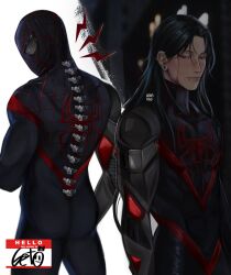  1boy alternate_costume animal_print aransmind artist_name back black_bodysuit black_hair blood blood_on_cheek blood_on_face blood_on_nose bodysuit character_name cosplay cowboy_shot ear_piercing eye_piercing eyebrow_piercing face_piercing getou_suguru highres ibispaint_(medium) jujutsu_kaisen lip_piercing long_hair looking_at_viewer looking_back male_focus marvel mask mechanical_arms multiple_views night no_mask nose_piercing parted_bangs piercing plug_(piercing) red-eye_effect red_trim single_mechanical_arm spider-man:_across_the_spider-verse spider-man_(miles_morales) spider-man_(miles_morales)_(cosplay) spider-man_(series) spider-sense_(spider-man) spider-verse spider_print spider_web_print standing superhero_costume violet_eyes 