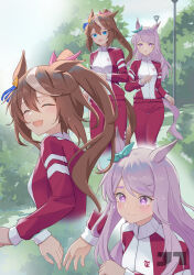  2girls absurdres animal_ears blue_bow blue_eyes blush bow brown_hair bush closed_eyes commentary hair_bow highres horse_ears horse_girl horse_tail imminent_hand_holding jacket jtleeklm long_hair looking_at_another looking_back mejiro_mcqueen_(umamusume) multicolored_hair multiple_girls open_mouth outdoors pants ponytail purple_hair red_track_suit smile streaked_hair tail tokai_teio_(umamusume) tracen_training_uniform track_jacket track_pants track_suit umamusume violet_eyes white_hair yuri 