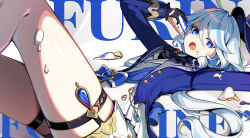  1girl arm_up ascot black_ascot black_gloves blue_brooch blue_eyes blue_gemstone blue_hair blue_jacket breasts cake cake_slice drop-shaped_pupils eating eyelash_ornament food food_on_clothes food_on_face food_on_floor food_on_thigh furina_(genshin_impact) gem genshin_impact gloves hat heterochromia highres holding holding_cake holding_food jacket karen_(navy_42) knees_up looking_at_viewer lying mindscape_cinema_(zenless_zone_zero) multicolored_hair on_back open_mouth ouji_fashion short_shorts shorts small_breasts solo streaked_hair symbol-shaped_pupils top_hat wavy_hair white_hair white_shorts 