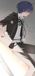  1boy absurdres ahoge backlighting belt black_jacket black_pants black_ribbon blue_hair chromatic_aberration closed_mouth commentary digital_media_player digital_walkman dress_shirt evoker feet_out_of_frame from_side gekkoukan_high_school_uniform grey_background hair_over_one_eye highres holding holding_sword holding_weapon jacket kenko_(hjlahh) light_particles male_focus open_clothes open_jacket pants persona persona_3 profile ribbon school_uniform shirt short_hair solo sword underlighting walkman_nw-s203f weapon white_shirt yuuki_makoto_(persona_3) 