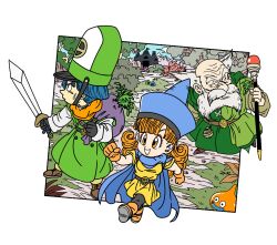  1girl 2boys :d alena_(dq4) balding beard black_gloves black_leggings blue_cape blue_hair blue_hat blue_sky blunt_bangs blunt_ends boots brey brown_shoes buttons cape castle clenched_hands clift coat curly_hair double-breasted dragon_quest dragon_quest_iv eyeshadow facial_hair fenyon forest gloves green_coat green_robe hat highres holding holding_staff holding_sword holding_weapon holly leggings lime_slime long_hair makeup mitre multiple_boys nature old old_man orange_boots orange_eyes orange_eyeshadow orange_gloves orange_hair orange_lips orange_scarf outdoors overcoat profile robe scarf she-slime shoes short_hair sky slime_(dragon_quest) smile staff sweatdrop sword toriyama_akira_(style) tunic weapon white_facial_hair yellow_tunic 