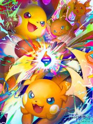  absurdres alolan_raichu blue_eyes closed_mouth fang fangs highres magushi mega_evolution_symbol mega_pokemon mega_raichu_x mega_raichu_y multiple_tails no_humans open_mouth orange_fur pokemon pokemon_(creature) pokemon_focus pokemon_legends:_z-a raichu red_eyes smile tail yellow_fur 