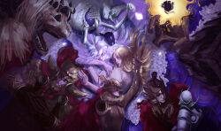  2girls 2others 6+boys amputee animal_head armor bayle_the_dread blonde_hair blue_eyes blue_robe blue_surcoat braid brother_and_sister brothers cape chainmail closed_eyes closed_mouth colored_eyelashes covered_eyes cuirass divine_beast_dancing_lion dragon dragon_horns elden_ring elden_ring:_shadow_of_the_erdtree emaciated fake_horns fantasy fire flaming_head flower full_armor gelo_ts gloves glowing glowing_eyes gold_armor grey_hair half-siblings hand_on_another&#039;s_chest hand_on_another&#039;s_head headless helm helmet helmet_over_eyes highres holding horned_helmet horns horse knight lily_(flower) lion lion_mane long_hair malenia_blade_of_miquella messmer_the_impaler midra_lord_of_frenzied_flame miquella_(elden_ring) multiple_boys multiple_braids multiple_girls multiple_others ornate ornate_armor pauldrons plate_armor promised_consort_radahn prosthesis purple_liquid putrescent_knight reaching reaching_towards_another red_cape red_hair red_shawl rellana_twin_moon_knight robe rondel shawl shoulder_armor siblings silver_armor sisters skeleton sleeping sleeveless_tunic spectral st._trina_(elden_ring) triple_amputee tunic twin_braids undead wavy_hair western_dragon white_hair white_tunic winged_helmet withered 