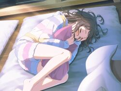  1girl bang_dream! black_hair blush closed_eyes futon hood hood_down hooded_jacket hugging_object jacket long_sleeves lying medium_hair official_art okusawa_misaki on_side open_mouth pajamas pillow pillow_hug shorts solo striped_clothes striped_jacket striped_shorts third-party_source 