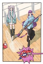  1boy 2girls attack blunt_bangs boots denim denim_jacket dress earrings expo2025 fern_(sousou_no_frieren) flying_sweatdrops frieren from_above green_eyes half_updo highres holding jacket jewelry long_hair multiple_girls myaku-myaku pointy_ears purple_hair scar scar_on_face short_eyebrows short_hair sidelocks sousou_no_frieren stark_(sousou_no_frieren) takeuchi_ryousuke twintails 