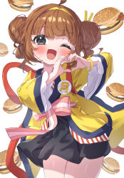 1girl ;d absurdres ahoge black_skirt blush brown_hair burger commentary_request double_bun food french_fries grey_eyes hair_bun hairband heart heart_hands highres imadake_tsukimi_tabemi japanese_clothes kimono long_sleeves looking_at_viewer masaki_(msk064) mcdonald&#039;s one_eye_closed pleated_skirt simple_background skirt smile solo white_background wide_sleeves yellow_hairband yellow_kimono 
