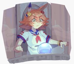  1girl animal_ears bead_necklace beads blue_sailor_collar breasts clothing_cutout ear_covers english_commentary flower hair_flower hair_ornament horse_ears horse_girl jewelry looking_at_object matikanefukukitaru_(rising_fortune)_(umamusume) matikanefukukitaru_(umamusume) medium_breasts meme neckerchief necklace orange_hair pondering_my_orb_(meme) red_neckerchief sailor_collar shirt short_hair short_sleeves single_ear_cover solo umamusume unfamousradish upper_body white_shirt yellow_eyes 