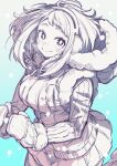  1girl blue_background blush_stickers boku_no_hero_academia closed_mouth commentary_request earmuffs gloves gradient_background greyscale greyscale_with_colored_background highres hood hooded_coat long_sleeves monochrome short_hair smile solo takatsuki_ichi uraraka_ochako 