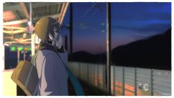  1girl alternate_costume bag black_hair black_jacket black_scarf border brown_hair closed_eyes coat commentary_request gintama grey_coat hand_up jacket long_sleeves medium_hair momochi_boo musical_note night open_mouth outdoors power_lines scarf school_bag shoulder_bag sky solo sunset train_station upper_body white_border yamazaki_sagaru yawning 
