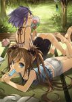  ass barefoot blue_hair book brown_hair eraser fan feet food highres hot ice_cream katori_buta legs legs_up lying on_stomach original paper_fan pencil popsicle ryou_(kimagure) scan shorts sitting sweat tatami twintails uchiwa wind_chime 