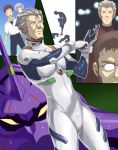  blue_hair bodysuit brown_hair eva_01 fuyutsuki_kouzou glasses ikari_gendou ikari_shinji maldives neon_genesis_evangelion plugsuit red_eyes short_hair 