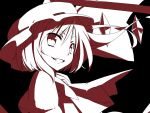  face flandre_scarlet grin hat looking_back monochrome muranisaki red short_hair smile solo touhou 