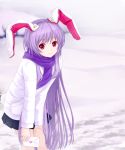  animal_ears bad_id bunny_ears bunny_tail coat contemporary highres lavender_hair leaning_forward letter light_smile long_hair looking_at_viewer love_letter pink_eyes pleated_skirt purple_hair rabbit_ears red_eyes reisen_udongein_inaba scarf skirt smile snow solo tail touhou tucana very_long_hair winter_clothes 