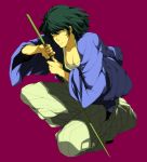  hakama ishikawa_goemon_xiii japanese_clothes kneeling lupin_iii sarashi sheath sheathed short_hair simple_background solo sword weapon zyunya 