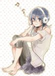 1girl bad_id barefoot bleach closed_mouth face feet full_body hair_between_eyes headphones kuchiki_rukia musical_note roh_yon_ji short_hair sitting sketch smile solo