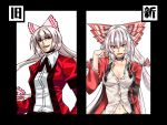  alternate_costume armband before_and_after bow breasts choker cleavage cosplay discharge_cycle formal fujiwara_no_mokou grey_hair hair_bow jacket king_of_fighters large_breasts lipstick long_hair midriff naughty_face navel necktie red_eyes rugal_bernstein rugal_bernstein_(cosplay) silver_hair smile solo touhou unbuttoned untied 