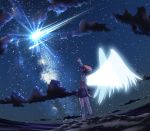  bandages brown_hair from_behind fumotono_mikoto glowing hayabusa_(spacecraft) looking_up night night_sky original outstretched_arm outstretched_hand personification pleated_skirt reaching shooting_star short_hair skirt sky solo standing sweater_vest to_aru_majutsu_no_index wings 