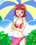  amami_haruka bikini idolmaster oofuji_wataru open_mouth sarong smile swimsuit umbrella water wink 