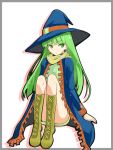  boots cape green_eyes green_hair hat long_hair masou_shizuka rance_(series) sengoku_rance sitting solo witch_hat 