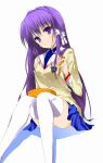  1girl chopsticks clannad fujibayashi_kyou long_hair momijiko purple_hair school_uniform sitting thigh-highs violet_eyes white_background 
