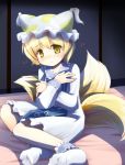  blush child commentary covering feet fox_tail hat multiple_tails niiya short_hair shy socks solo tail touhou turning yakumo_ran yellow_eyes young 
