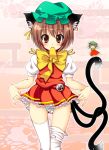  animal_ears brown_hair cat_ears cat_tail chen earrings hat jewelry multiple_tails ojitcha red_eyes short_hair solo tail thighhighs touhou white_legwear 