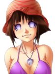  bikini_top black_hair breasts cleavage halterneck hat hyuuga_hinata jewelry lowres naruto necklace no_pupils short_hair simple_background smile solo swimsuit white_eyes yuriasu 