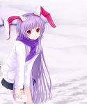  animal_ears bunny_ears bunny_tail coat contemporary highres lavender_hair leaning_forward letter long_hair looking_at_viewer love_letter pink_eyes pleated_skirt purple_hair rabbit_ears red_eyes reisen_udongein_inaba scarf skirt smile snow solo tail touhou tucana very_long_hair 