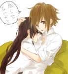  androgynous dress_shirt gogono_pan'ya gogono_panya hair_down hug k-on! shirt sleeves_rolled_up tainaka_ritsu translated translation_request yuri 