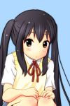  :o blush brown_eyes hands_on_knees k-on! long_hair motefu nakano_azusa open_mouth ribbon school_uniform solo squatting sweater sweater_vest twintails 