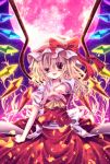  earrings flandre_scarlet foreshortening full_moon hat highres jewelry momomiya_mion moon outstretched_hand ponytail raised_eyebrow red_eyes short_hair side_ponytail slit_pupils solo touhou uneven_eyes wings 