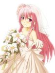  angel_beats! blush bouquet bridal_veil bride cross dress earrings flower gloves hair_ornament happy happy_tears jewelry long_hair pink_eyes pink_hair ring smile solo tears veil very_long_hair wedding_dress yu_(a1026y) yui_(angel_beats!) 