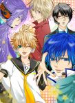  ahoge black_eyes black_hair blonde_hair blue_eyes blue_hair blush formal glasses hakuseki headphones headset hiyama_kiyoteru kagamine_len kaito kamui_gakupo leon_(vocaloid) male multiple_boys necktie ponytail purple_hair scarf smile suit vocaloid wink 