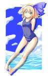  alice_margatroid alice_margatroid_(pc-98) arms_behind_back barefoot blonde_hair feet flat_chest green_eyes hairband nirap one-piece_swimsuit school_swimsuit short_hair smile solo swimsuit touhou touhou_(pc-98) 