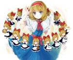  blonde_hair blue_eyes capelet cymbals doll hairband instrument manukedori orchestra playing_instrument recorder shanghai shanghai_doll short_hair touhou triangle_(instrument) trumpet violin 