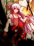  al_bhed_eyes bamboo bamboo_forest fire forest fujiwara_no_mokou hime_cut huruhoshi long_hair long_sleeves nature pants red_eyes ringed_eyes shoes sitting smile solo suspenders touhou 