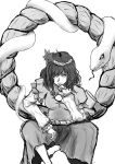 bad_id breasts chin_rest hair_ornament highres leaf long_skirt monochrome naoki51 rope shimenawa short_hair skirt snake solo touhou yasaka_kanako