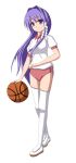  1girl basketball buruma clannad fujibayashi_kyou gym_uniform kino_(kino_buro) long_hair purple_eyes purple_hair solo thigh-highs thighhighs violet_eyes white_background 