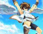  belt blue_eyes brown_hair cloud clouds hpa_(pixiv) kid_icarus male open_mouth pit short_hair sky smile solo wings 