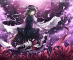  bow cherry_blossoms dress flower frills frilly_dress green_hair hagiwara_rin hat higanbana lowres petals ribbon rod_of_remorse shikieiki_yamaxanadu solo spider_lily standing touhou wide_sleeves wind 