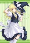  1girl alha blonde_hair braid fingerless_gloves gloves hand_behind_head hat hat_removed headwear_removed holding holding_hat kirisame_marisa long_hair side_braid solo striped striped_background touhou wrist_cuffs yellow_eyes 