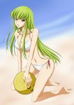  ball barefoot beach beachball bikini c.c. ccllsaikou code_geass green_hair highres kneeling legs long_hair solo swimsuit yellow_eyes 
