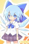  alternate_costume ayakashi_(monkeypanch) bad_id blue_eyes blue_hair bow cirno hair_bow hand_on_hip highres school_uniform short_hair skirt smile solo touhou wings 