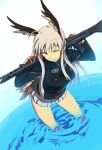  1girl bent_over blonde_hair blue_eyes dutch_angle goggles gun hanna-justina_marseille head_wings highres iron_cross long_hair machine_gun military military_uniform ningen_(ningen96) over_shoulder skirt solo strike_witches uniform wading water weapon weapon_over_shoulder wink 