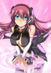  aqua_eyes blush breasts cleavage cosplay detached_sleeves hatsune_miku_(append)_(cosplay) headphones large_breasts long_hair megurine_luka musical_note navel necktie pink_hair shinjitsu207 smile solo vocaloid vocaloid_append 