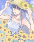  blue_hair dress flower hat long_hair maron-san solo sundress sunflower tachibana_kanade yellow_eyes 