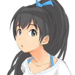  :o black_hair bow close-up collarbone face ganaha_hibiki hair_bow halterneck idolmaster issei long_hair looking_away ponytail simple_background sketch solo 