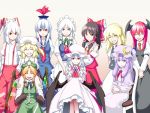  bat_wings blonde_hair blue_eyes braid brown_hair chair china_dress chinese_clothes crescent crescent_moon everyone flandre_scarlet fujiwara_no_mokou hakurei_reimu hat head_wings hong_meiling izayoi_sakuya kamishirasawa_keine kenntairui kentairui kirisame_marisa koakuma long_hair maid maid_headdress multiple_girls patchouli_knowledge purple_hair red_eyes red_hair redhead remilia_scarlet side_ponytail silver_hair sitting smile suspenders touhou twin_braids wings wink yellow_eyes 