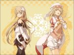  alice_(tales_of_symphonia_kor) bad_id blonde_hair blue_eyes brown_hair checkered checkered_background gloves hair_ornament hat long_hair marta_lualdi multiple_girls shadow smile tales_of_(series) tales_of_symphonia tales_of_symphonia_knight_of_ratatosk una yellow_background yellow_eyes 